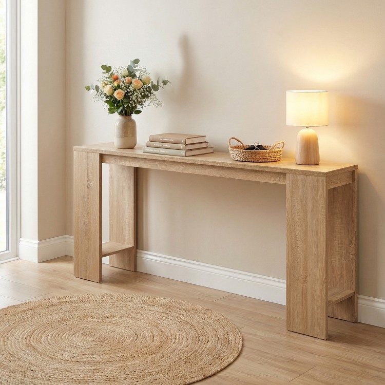 71-inch natural wood console table with storage, showcasing farmhouse style, perfect for hallway organization.