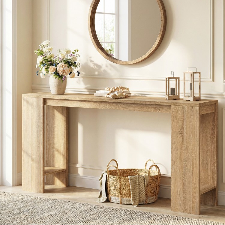 71-inch long console table in natural finish with storage, perfect for hallway organization and farmhouse style decor.