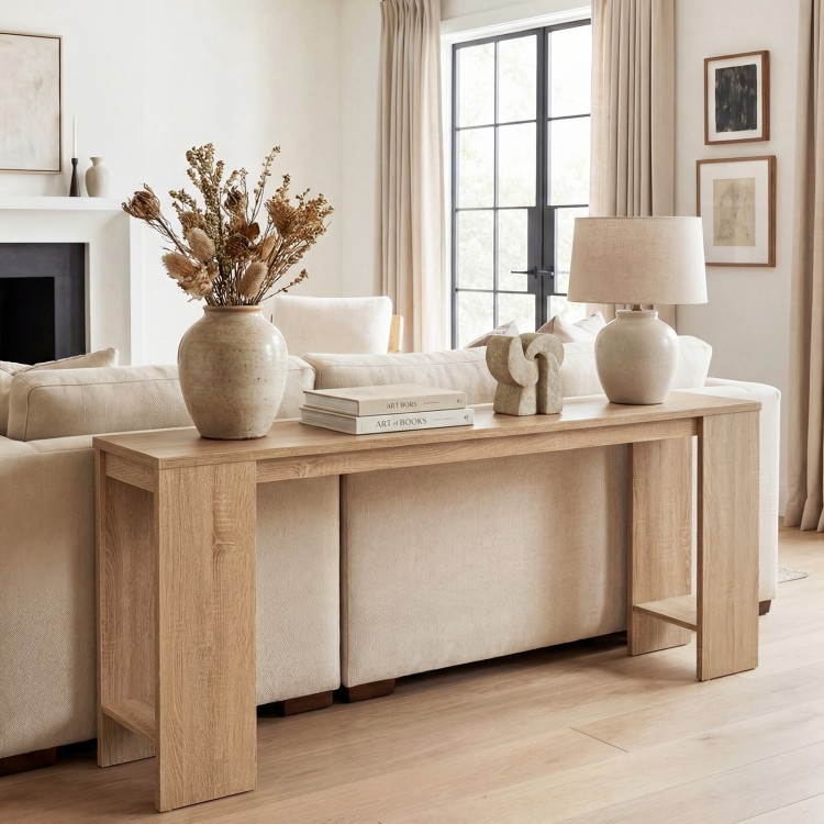 Natural 71-inch console table with storage, showcasing smooth wood grain, perfect for hallway or living room.