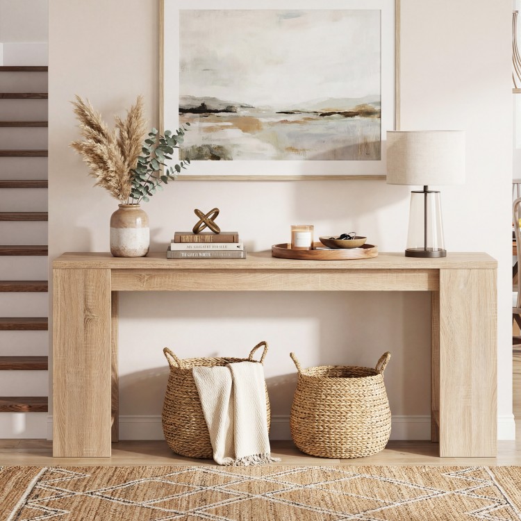 Natural 71-inch console table with storage, showcasing smooth wood grain, perfect for hallway organization and display.