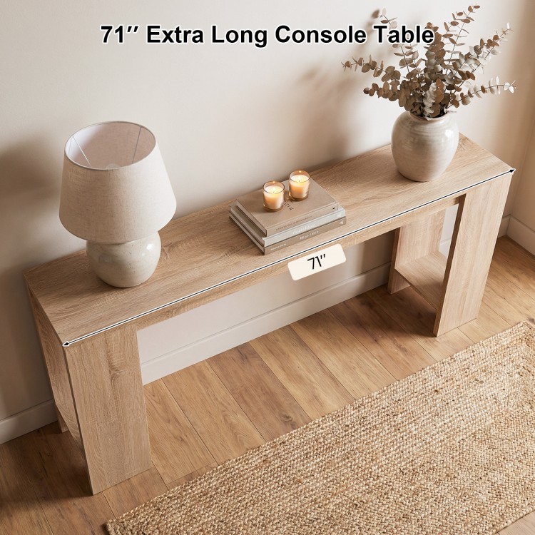 71" extra long console table in natural finish, featuring ample storage and a smooth wood grain for farmhouse style.