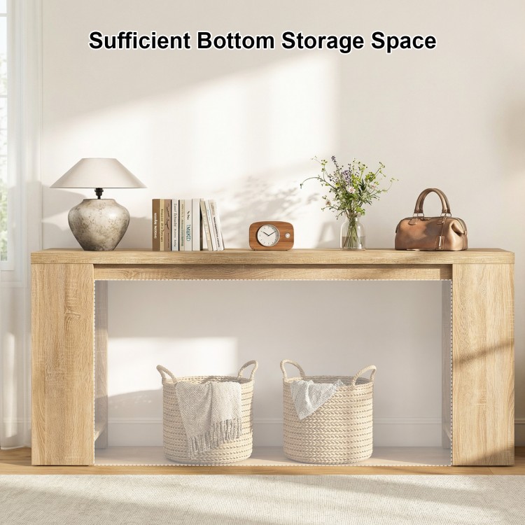 71-inch natural console table with ample bottom storage, showcasing a smooth wood grain for a farmhouse style.