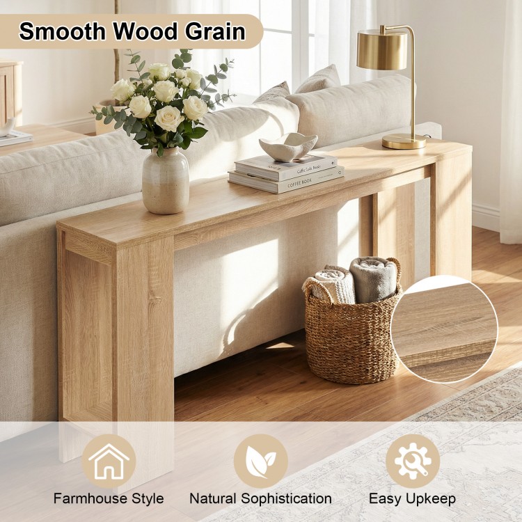 71-inch console table with smooth wood grain, farmhouse style, and ample storage for hallway organization.