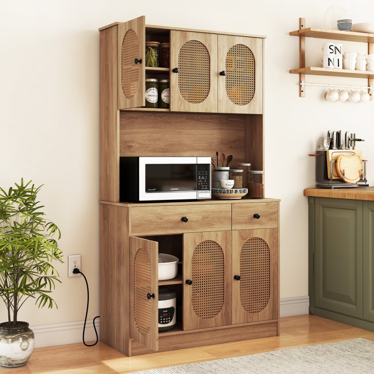Natural 71-inch pantry cabinet with hutch, showcasing smooth metal slides, round handles, and adjustable storage.