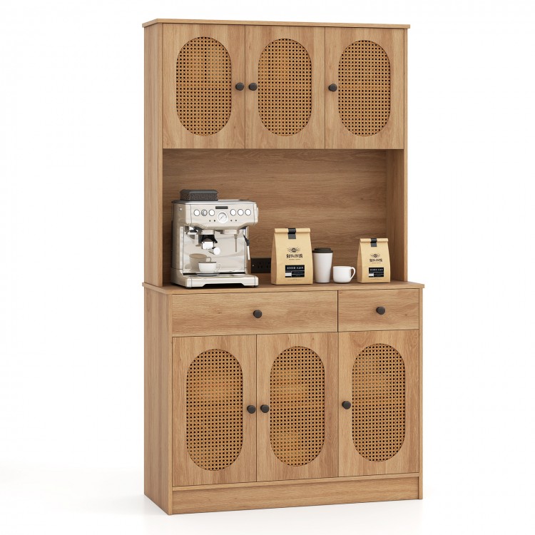 Natural 71-inch pantry cabinet with hutch, highlighting the two drawers and spacious interior for organized kitchen.