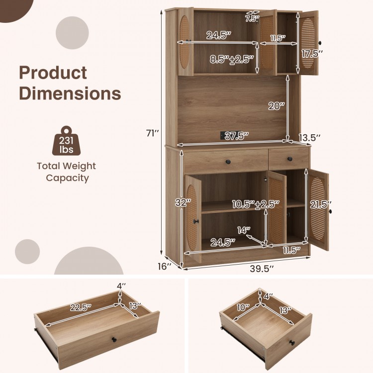 Dimensions of the 71-inch pantry cabinet with hutch, detailing height, width, and weight capacity for easy planning.