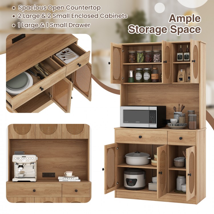 Natural 71-inch pantry cabinet with hutch, showing the spacious open countertop and extensive storage options for.