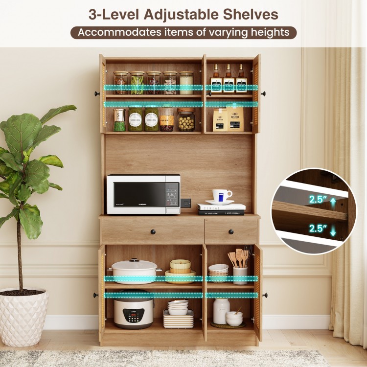 71-inch pantry cabinet with hutch, featuring adjustable shelves, charging station, and PE rattan doors for rustic charm.