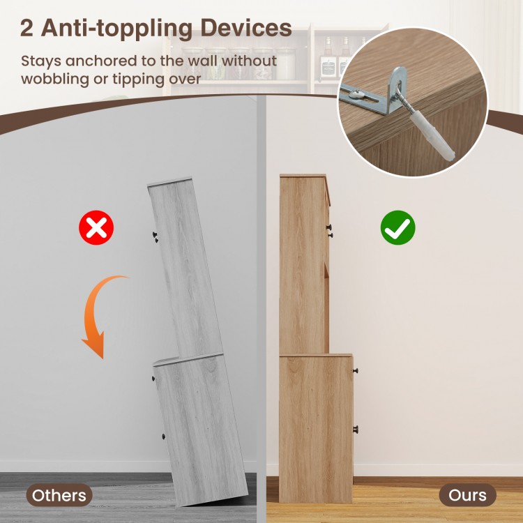 Comparison of anti-toppling devices for the 71 inches pantry cabinet, showcasing stability and safety features.