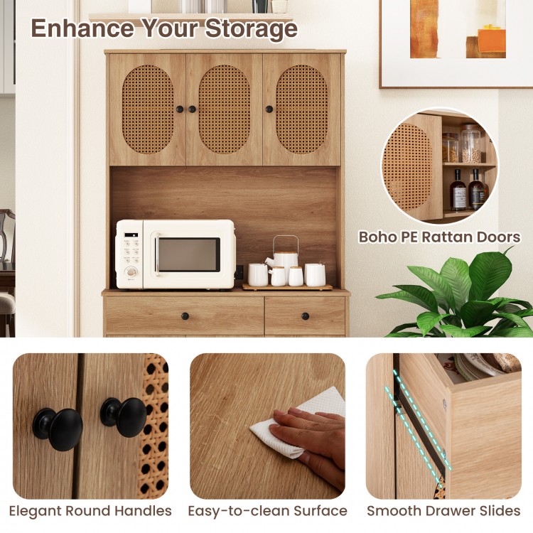 Natural pantry cabinet hutch close-up, showcasing elegant round handles and easy-to-clean surfaces for a stylish.