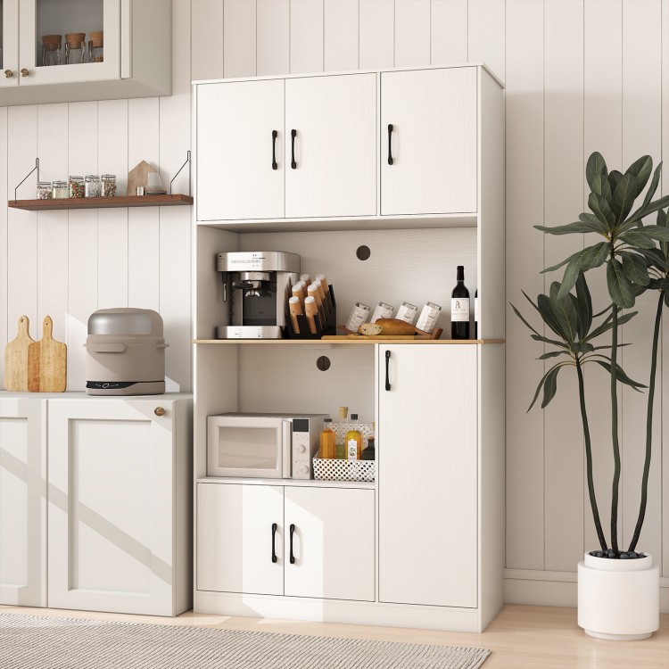 Tall white kitchen pantry cabinet with charging station, multi-door design, and sturdy construction for convenient.