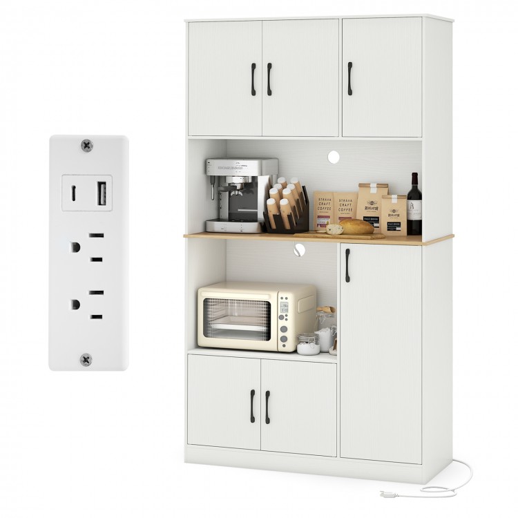 71" tall white kitchen pantry cabinet with built-in charging station, multi-door design, and sturdy construction for.