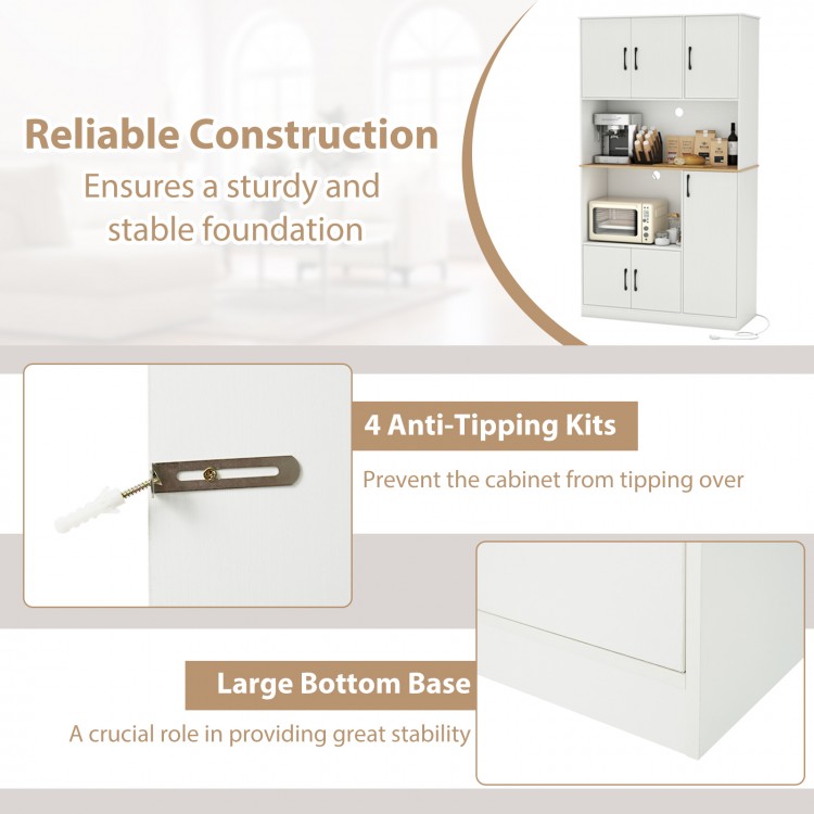 71" tall white kitchen pantry cabinet with charging station, anti-tipping kits, and large bottom base for stability.