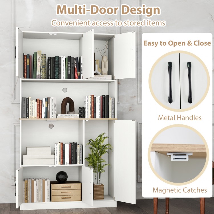 71" tall white kitchen pantry cabinet with multi-door design, metal handles, and built-in charging station for.