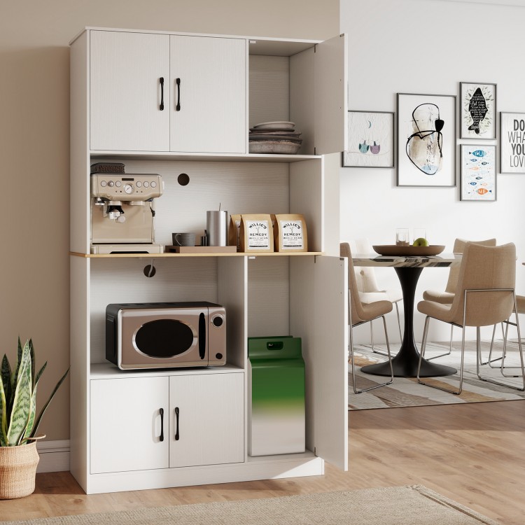 71" tall white kitchen pantry cabinet with multi-door design, built-in charging station, and sturdy construction for.