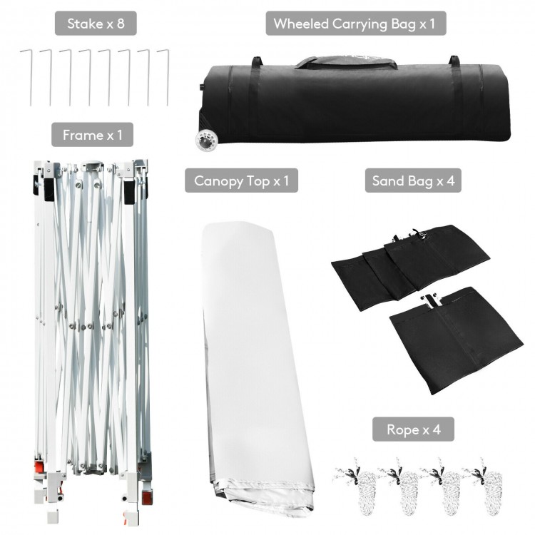 Foldable pop-up canopy with adjustable height, white sun shelter, includes sandbags and carrying bag for outdoor.