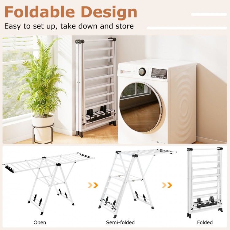72.5 inches clothes drying rack in white, foldable design with height adjustable wings for versatile drying options.