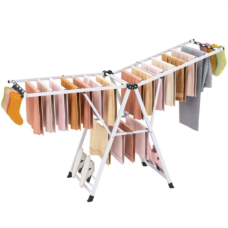 Clothes drying rack with adjustable wings, 28 clips, and shoe hanging areas, ideal for laundry rooms or patios.