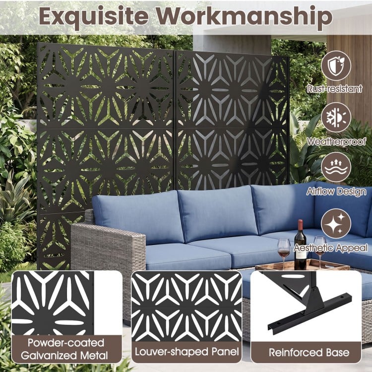 Freestanding 72"H x 48"W black fence panel with louver-shaped design, powder-coated metal for outdoor privacy and.