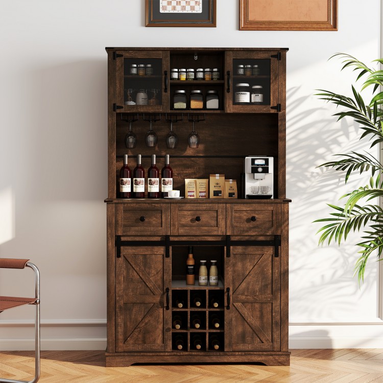 72-inch brown coffee bar cabinet featuring sliding barn doors, glass storage, and wine rack, ideal for kitchens and.