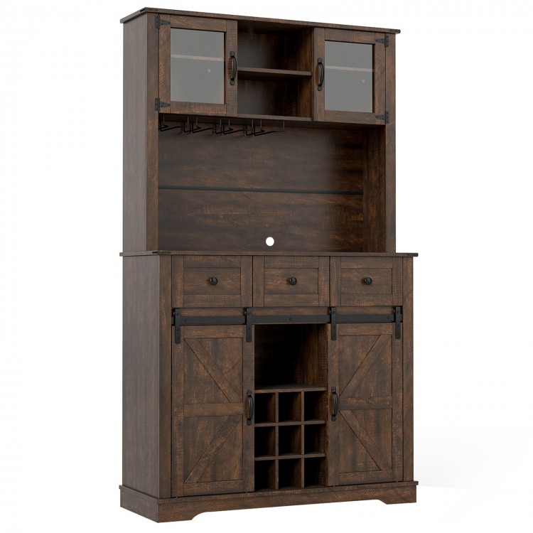 72-inch brown coffee bar cabinet featuring sliding barn doors, glass-door hutch, and ample storage for kitchens and.