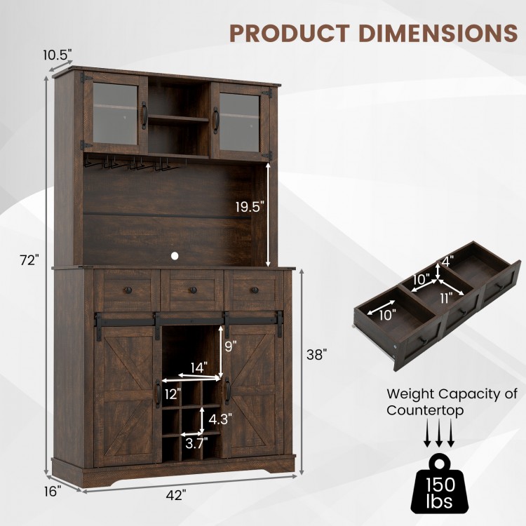 72-inch coffee bar cabinet with sliding barn doors, adjustable shelves, and wine rack for kitchen or dining room use.