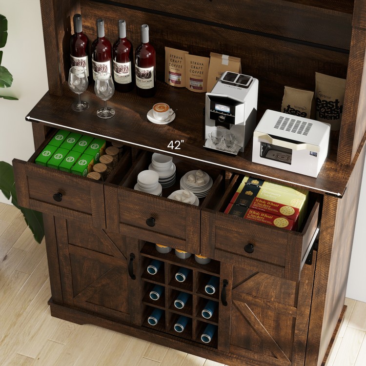 72-inch brown coffee bar cabinet with sliding barn doors, featuring wine rack, adjustable shelves, and ample storage.