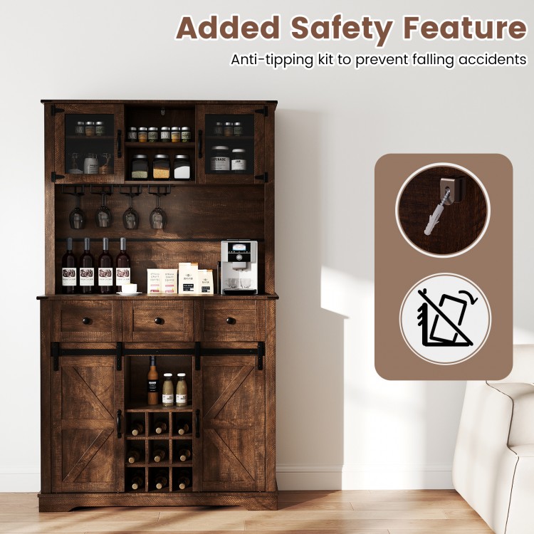 72-inch brown coffee bar cabinet with sliding barn doors, adjustable shelves, and anti-tipping kit for kitchen or.
