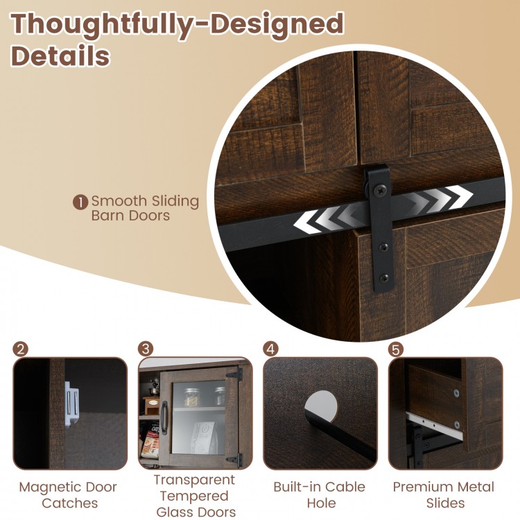 72-inch coffee bar cabinet with sliding barn doors, brown finish, featuring glass shelves and wine rack for stylish.