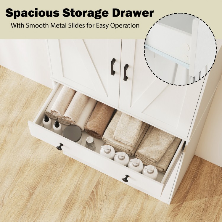Spacious storage drawer of a 72-inch tall white farmhouse cupboard cabinet with smooth metal slides for easy operation.