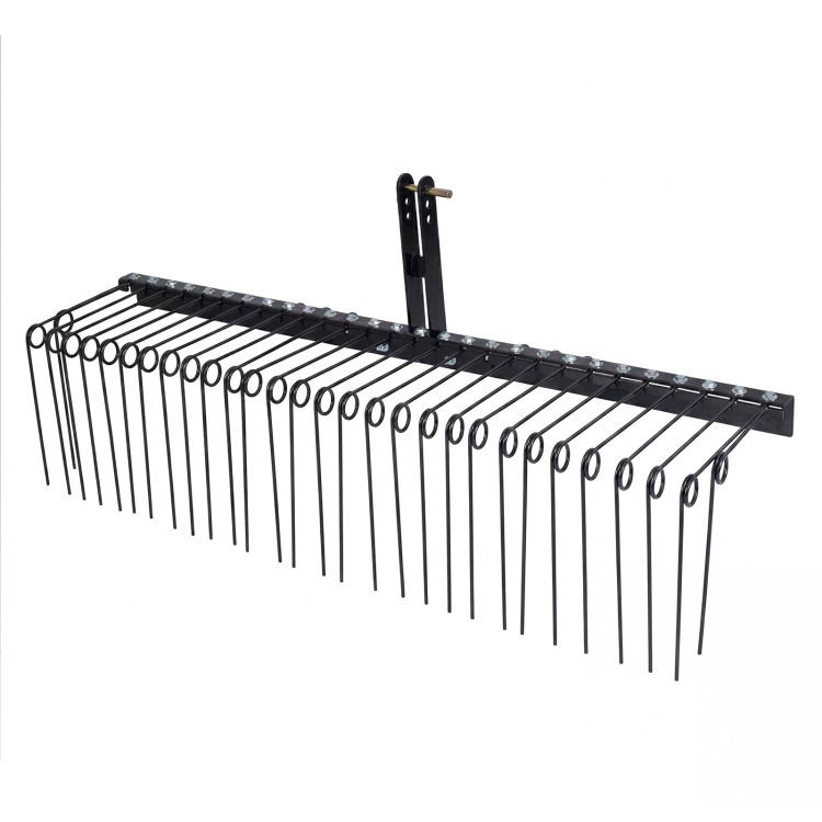72" pine straw rake with 30 metal coil tines, designed for efficient debris collection and compatible with Category 0.