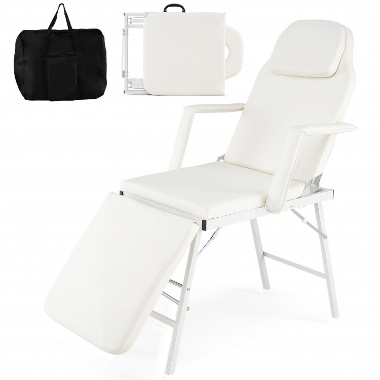 Portable 73-inch massage table in white with adjustable design, face hole, and carrying bag for mobile therapists.