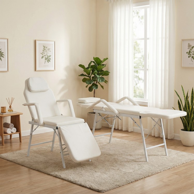 Portable 73-inch massage table and chair in white, adjustable for comfort, ideal for mobile therapists and treatments.