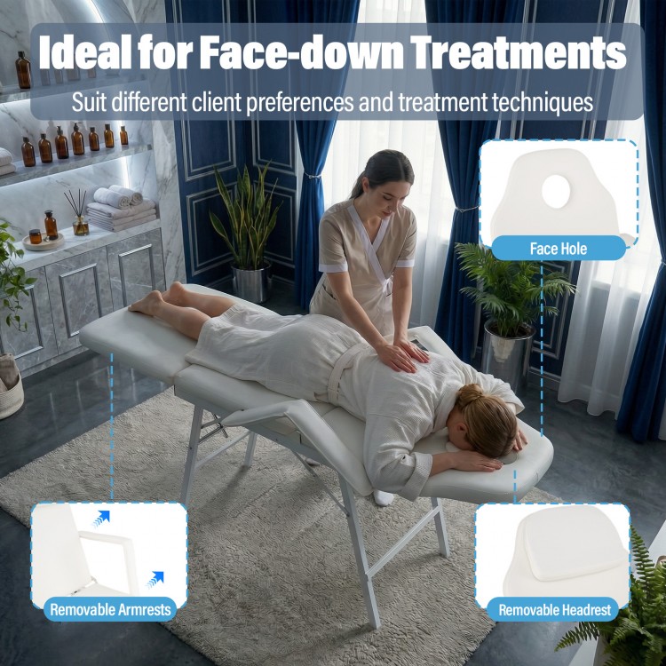 Portable 73-inch massage table with adjustable design, face hole, and removable armrests for versatile treatments.