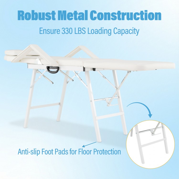 Portable massage table with robust metal construction, 330 lbs capacity, and adjustable design for optimal client.