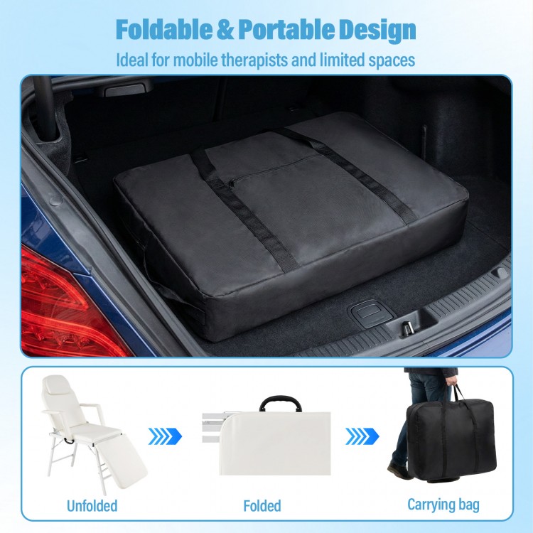 Portable 73-inch massage table in black, foldable design with carrying bag, ideal for mobile therapists and small.