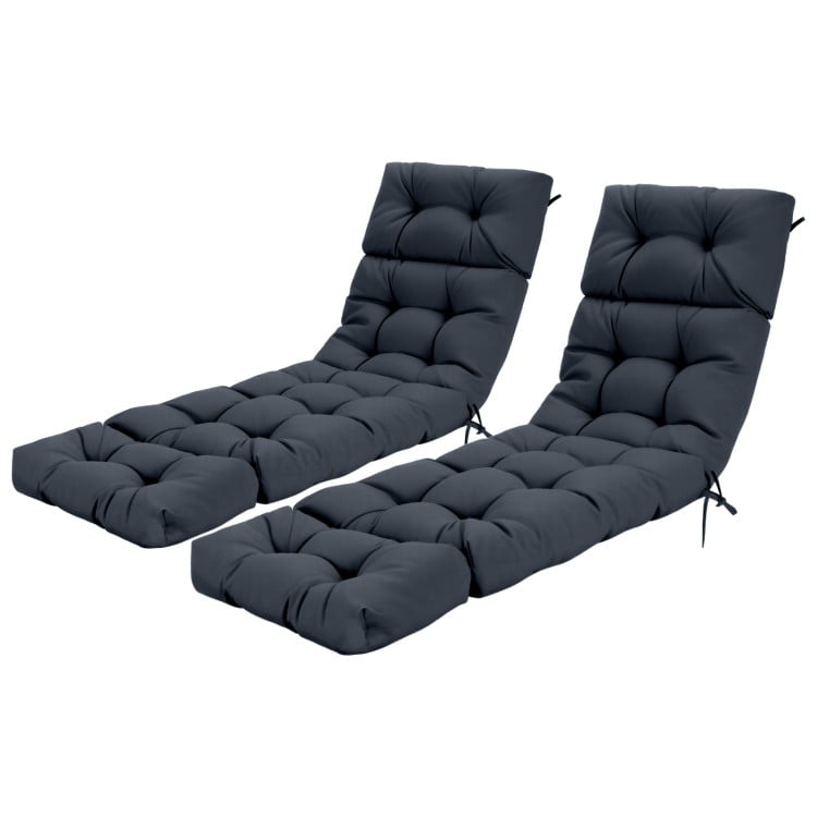 Gray outdoor lounge chaise cushion set of 2 features high back string ties and thickened, breathable fabric for comfort.
