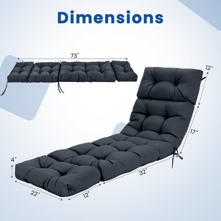 Outdoor lounge chaise cushion set of 2 in gray, measuring 73"x22", features high back and string ties for secure attachment.