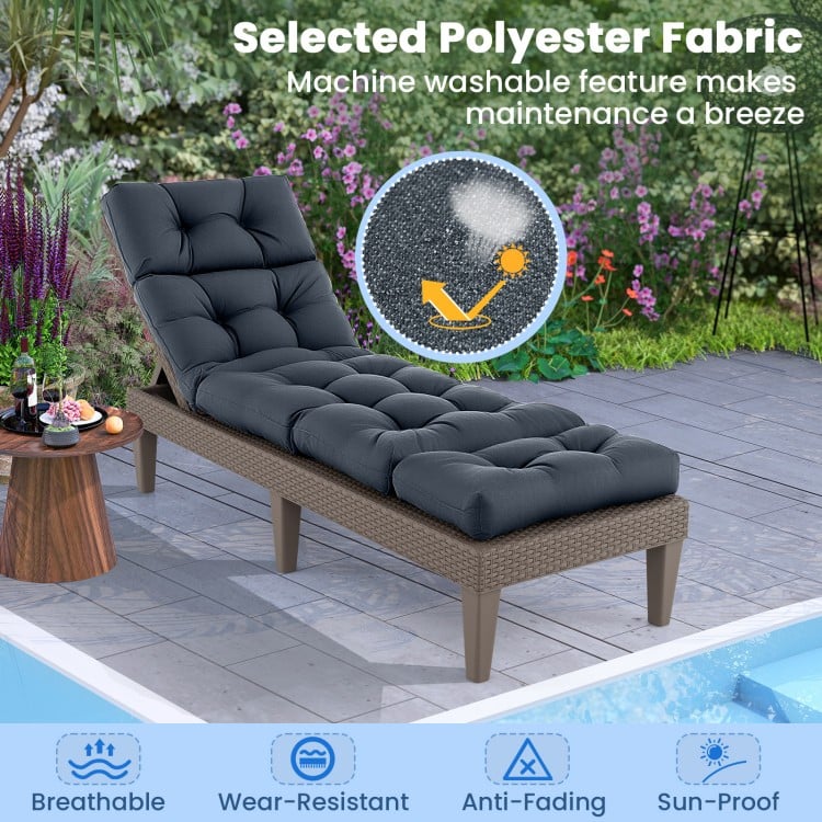 Gray outdoor lounge chaise cushion set of 2 features breathable, wear-resistant fabric with high back string ties for comfort.