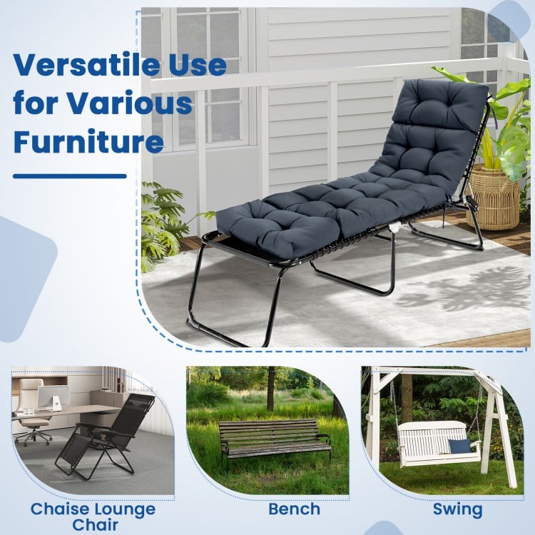 Outdoor lounge chaise cushion set of 2 in gray, featuring high resilience cotton and string ties for secure attachment.