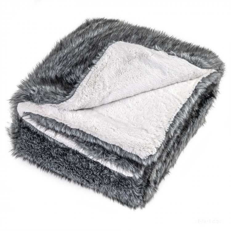 Gray 740GSM soft plush fuzzy luxury faux wolf fur blanket, double-sided design, perfect for sofas and beds.