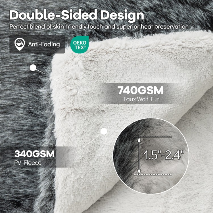 Gray 740GSM faux wolf fur blanket showcasing double-sided design and soft fleece, ideal for sofas and armchairs.