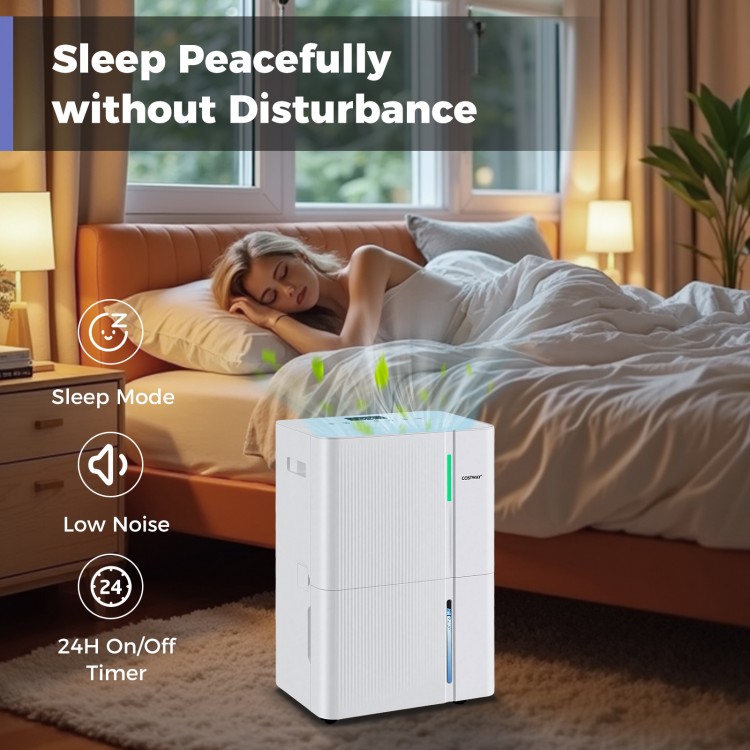 74-pint dehumidifier in sleep mode, designed for large rooms, featuring low noise operation and a 24-hour timer.