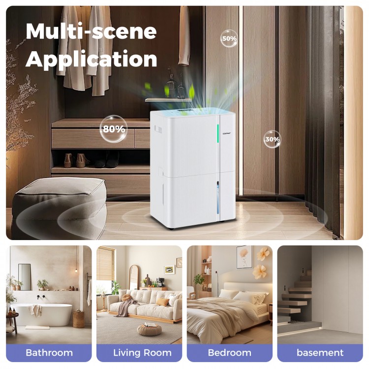 74-pint dehumidifier with LED display, ideal for large rooms, shown in a stylish living space for versatile use.