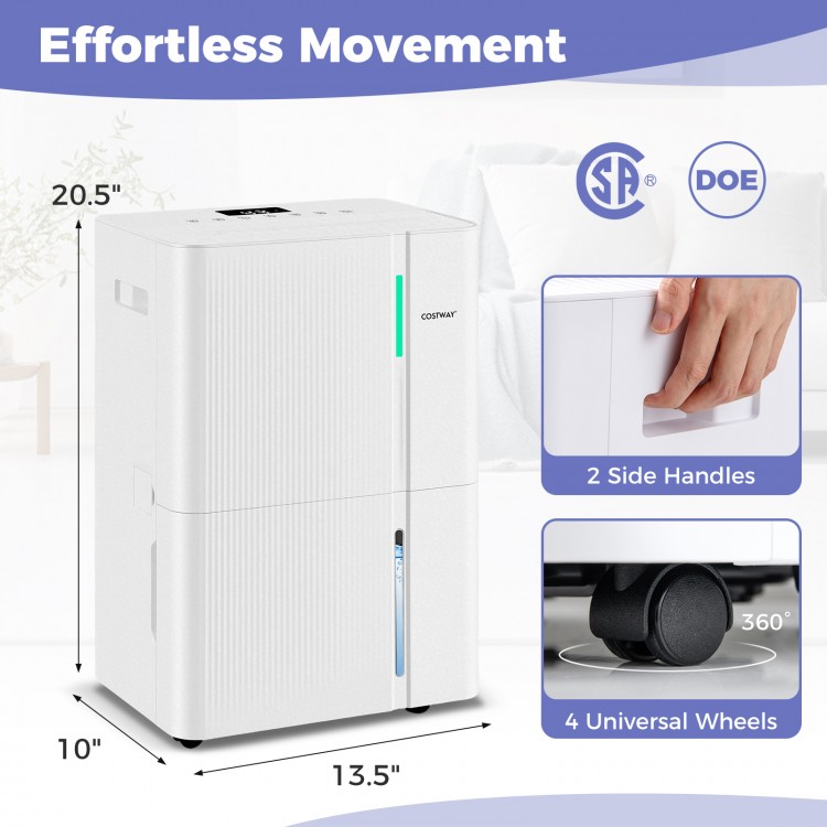 74-pint dehumidifier with LED display, 4 wheels, and side handles for easy movement in large rooms.