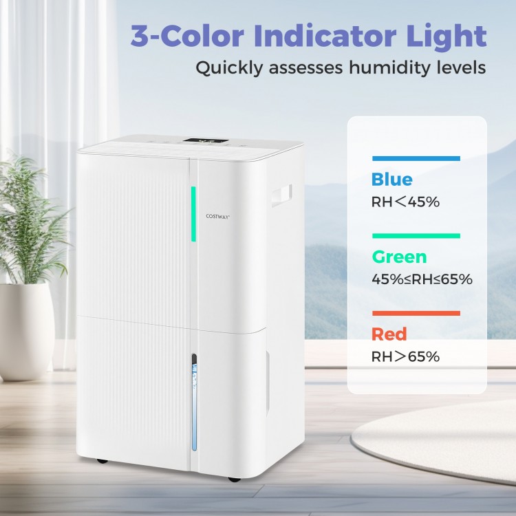 74-pint dehumidifier with 3-color humidity indicator light and LED display, ideal for large rooms up to 5500 sq. ft.