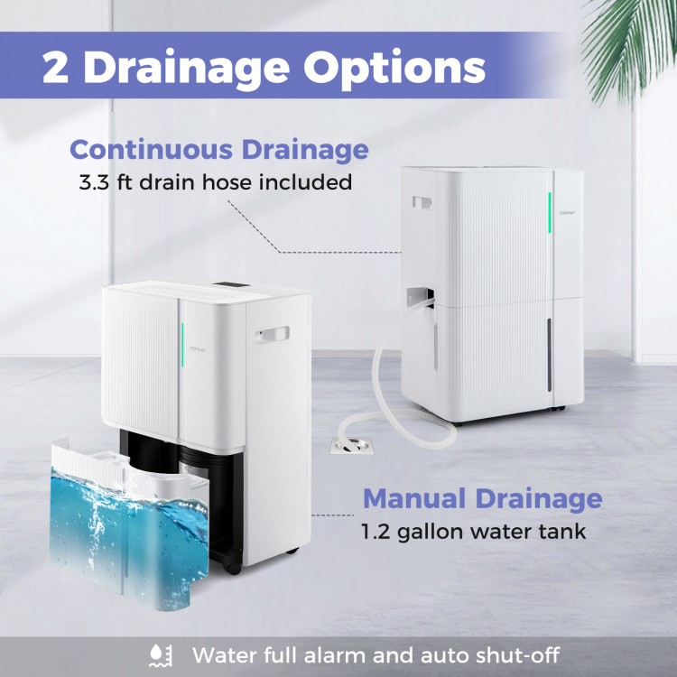 74/96 Pints dehumidifier with continuous and manual drainage options, featuring a 1.2 gallon tank for home use.