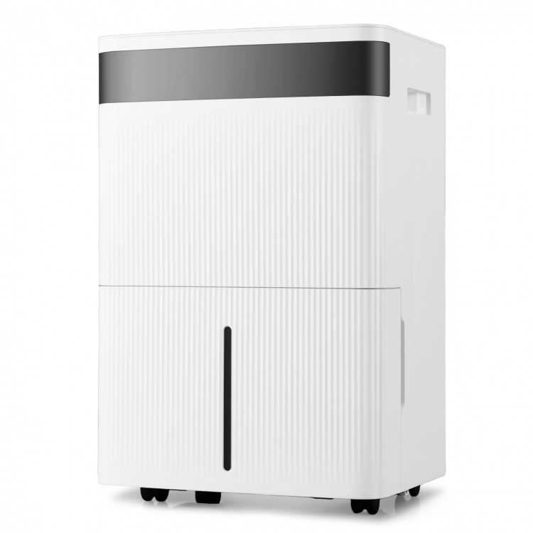 74 Pints dehumidifier in white with smart touch control, large tank, and wheels for easy mobility in homes up to 4500.