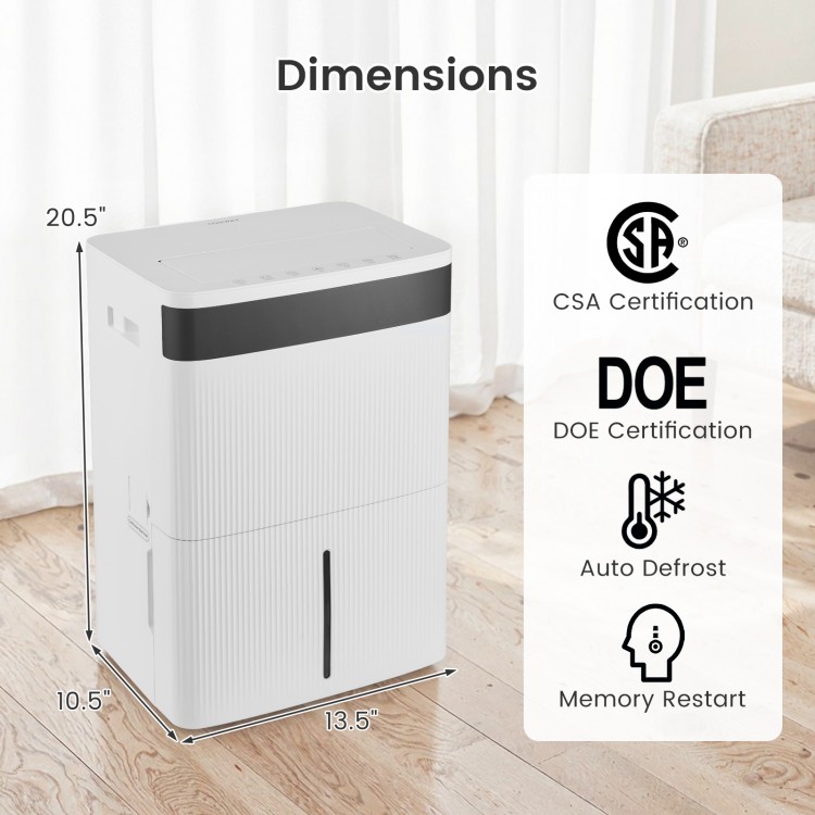 74 pints dehumidifier dimensions with CSA and DOE certification, featuring a large water tank and smart touch control.