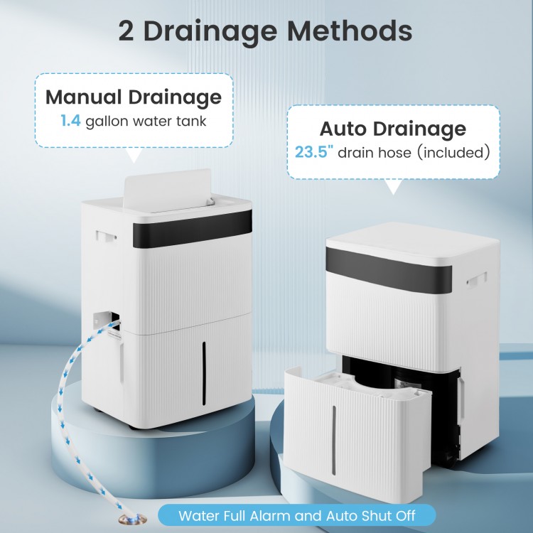 74 pints dehumidifier in white showcasing manual and auto drainage methods for home use, ideal for 4500 sq.ft.